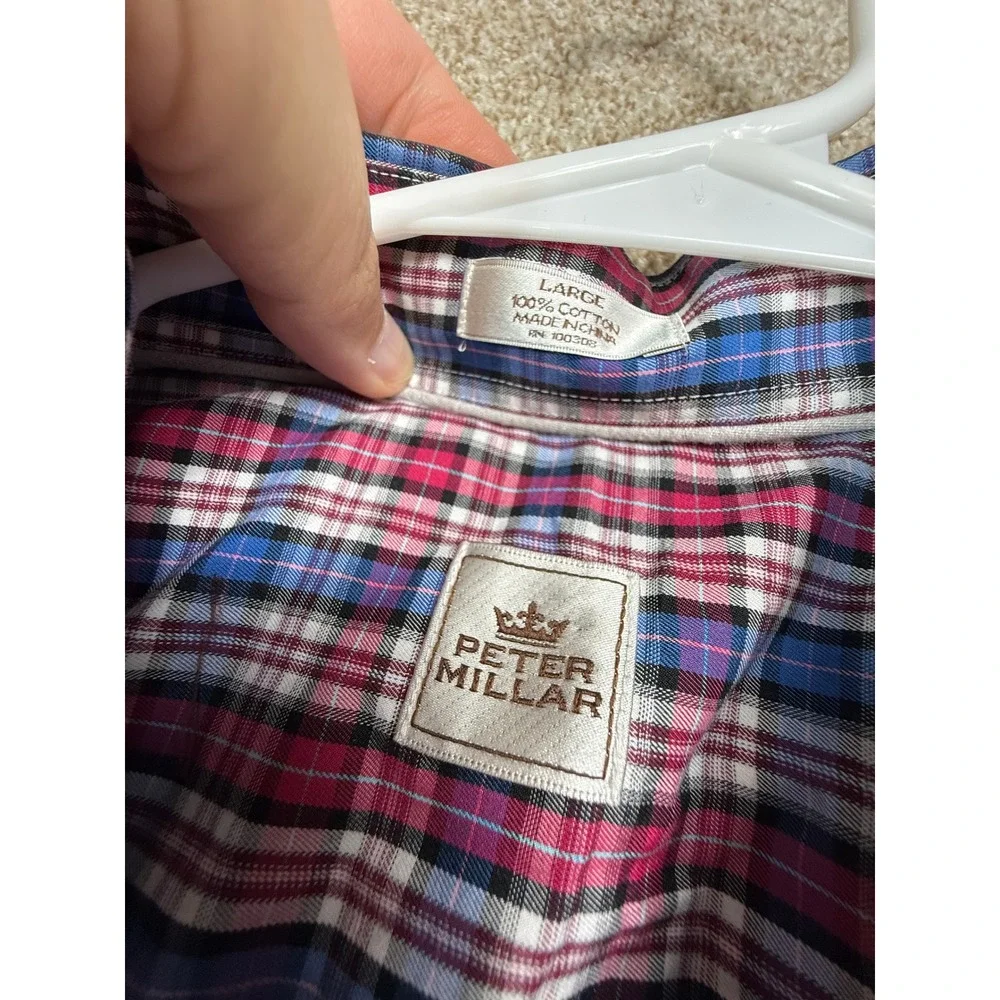 Peter Millar Crown Mens Large Plaid Button‎ Down Shirt Blue Pink Long Sleeve